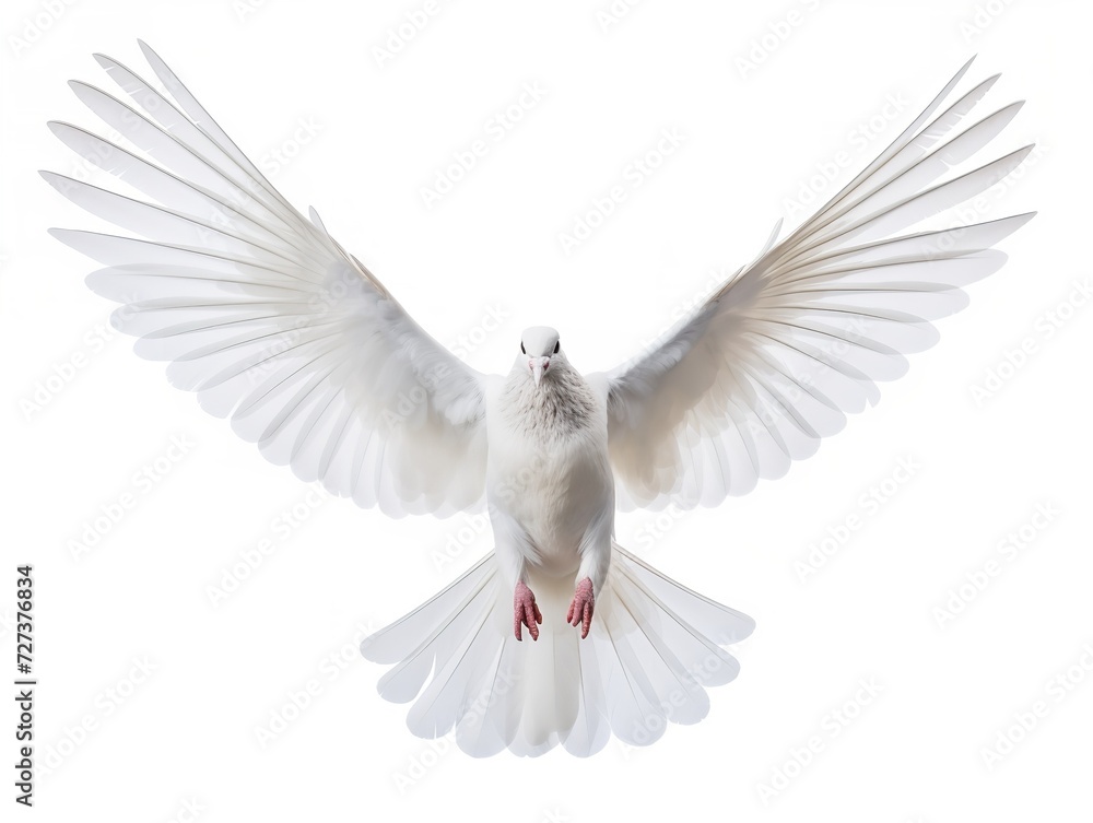 Obraz premium Dove in Flight Freedom and Hope Isolated on White Background AI Generated