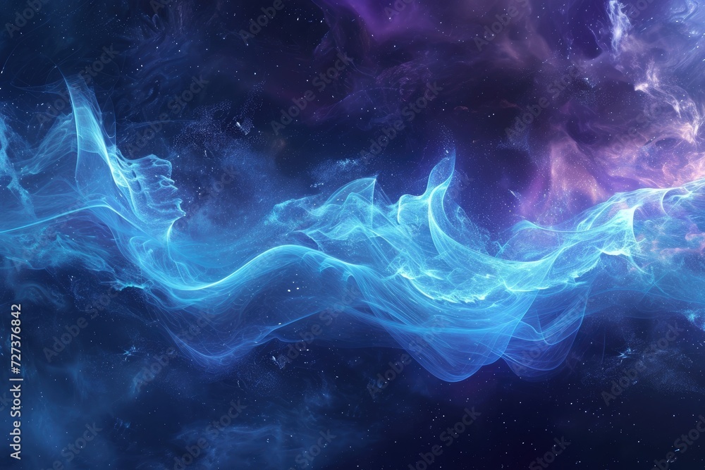 An image featuring an abstract blue and purple background with stars scattered throughout, A fantasy visualization of how soundwaves from a podcast travel through the ether, AI Generated An image featuring an abstract blue and purple background with stars scattered throughout, A fantasy visualization of how soundwaves from a podcast travel through the ether, AI Generated
