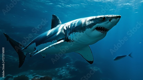 Majestic Great White Shark Swimming in Deep Blue Ocean Waters, Surrounded by Small Fish and Illuminated by Sunlight photo