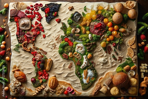 A cake adorned with a detailed map of the world, showcasing continents, countries, and oceans, A fantasy map made out of various types of food, AI Generated