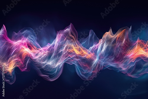 A photograph capturing a hazy view of a range of mountains, displaying blurred outlines and details, A fantasy visualization of how soundwaves from a podcast travel through the ether, AI Generated photo