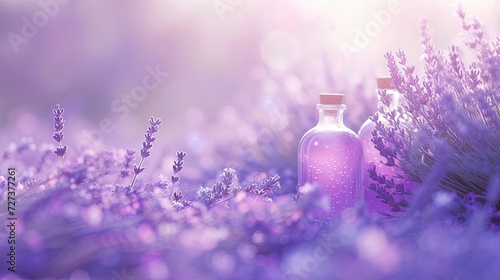 Several transparent glass bottles filled with lavender water and stoppered. Lavender flowers. Jar with aromatic oil. Spa and aromatherapy. Illustration for cover, postcard, brochure or advertisement.