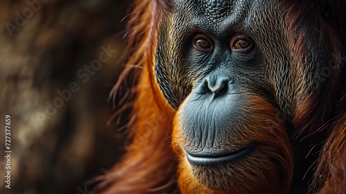 Close-up of a curious orangutan looking at the camera in a natural habitat photo