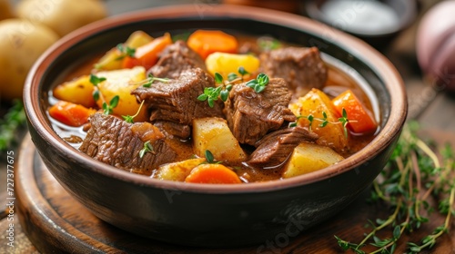 A hearty bowl of beef stew, with chunks of beef, potatoes, and carrots in a rich gravy