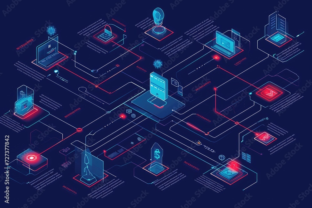 A variety of different devices displayed on a blue background, A flowchart showcasing the steps of cybersecurity, AI Generated A variety of different devices displayed on a blue background, A flowchart showcasing the steps of cybersecurity, AI Generated