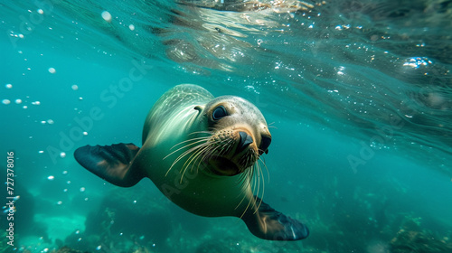 sea lion swimming underwater in the ocean photo