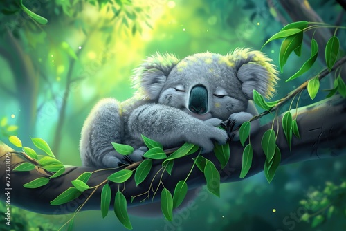 A realistic painting depicting a koala peacefully sleeping on a sturdy tree branch amidst a lush green forest, A fun depiction of a koala lazily chewing eucalyptus leaves, AI Generated photo