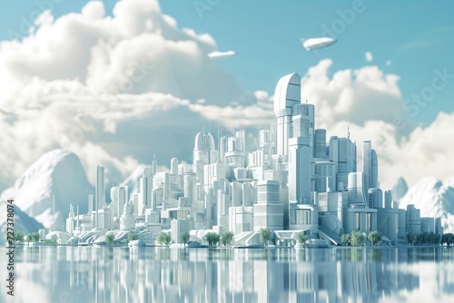 The Futuristic City Floating Above a Body of Water, A futuristic city constructed purely from nanomaterials, AI Generated photo