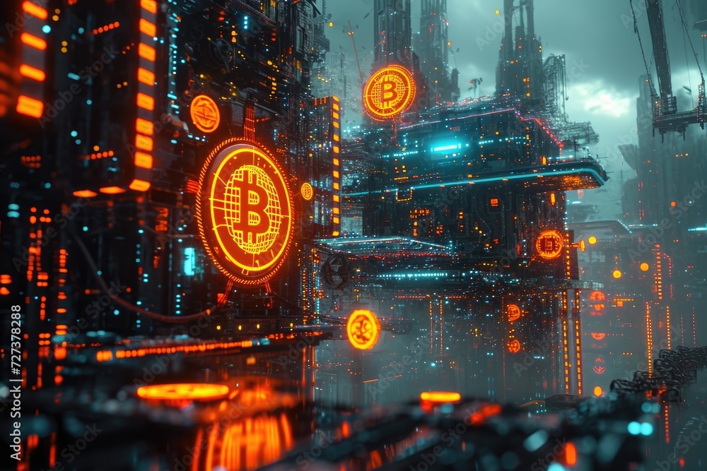 A Futuristic City Glowing With Neon Lights, A futuristic image of bitcoins being transacted over a blockchain, set in a cyberpunk aesthetic, AI Generated