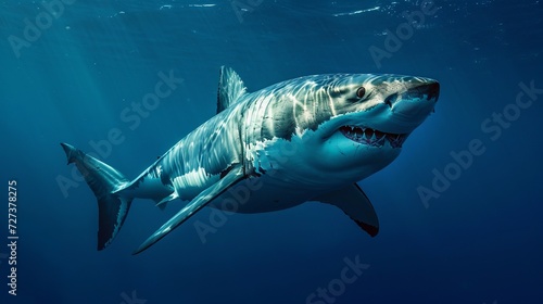 Close-up of a Great White Shark Swimming in Deep Blue Ocean Water with Sun Rays photo