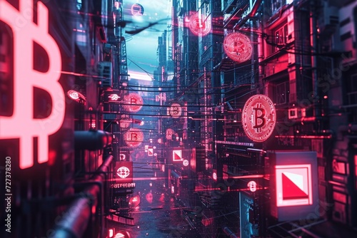 Multiple bitcoins float in the air, creating a unique and ephemeral sight, A futuristic image of bitcoins being transacted over a blockchain, set in a cyberpunk aesthetic, AI Generated
