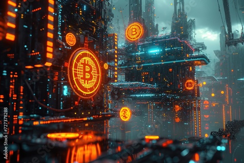 A Futuristic City Glowing With Neon Lights  A futuristic image of bitcoins being transacted over a blockchain  set in a cyberpunk aesthetic  AI Generated