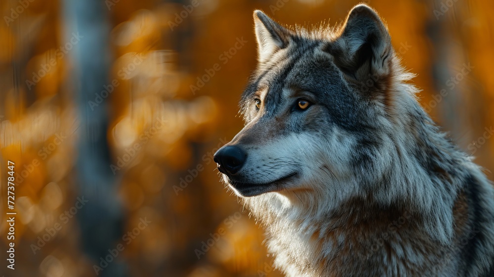 Naklejka premium Close-up of a majestic grey wolf in autumn forest, detailed fur texture, intense gaze amidst golden foliage