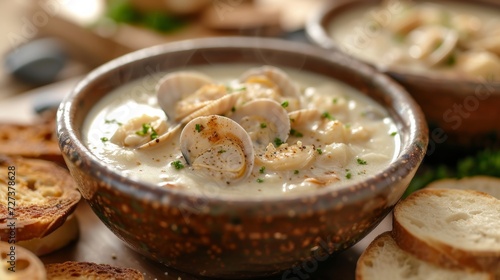 A cozy bowl of clam chowder, creamy and brimming with plump, tender clams.