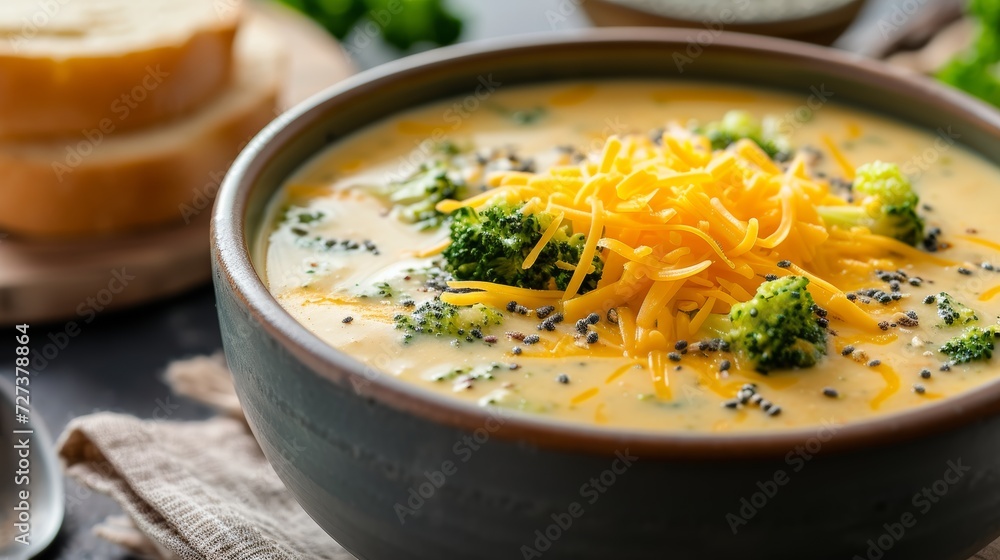 A bowl of creamy broccoli cheddar soup, topped with a generous sprinkle of shredded cheese
