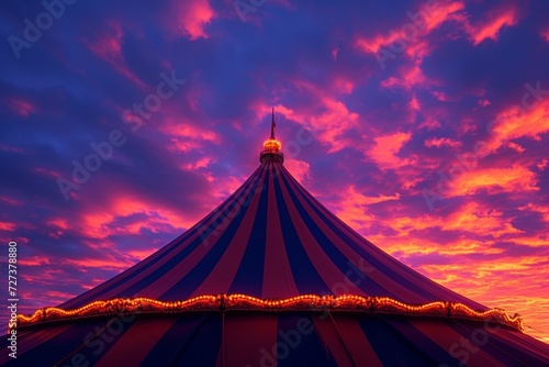 A bold, striped big top tent rising against a twilight sky, promising grand performances.