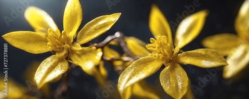 yellow flowers are in a vase with water droplets on them