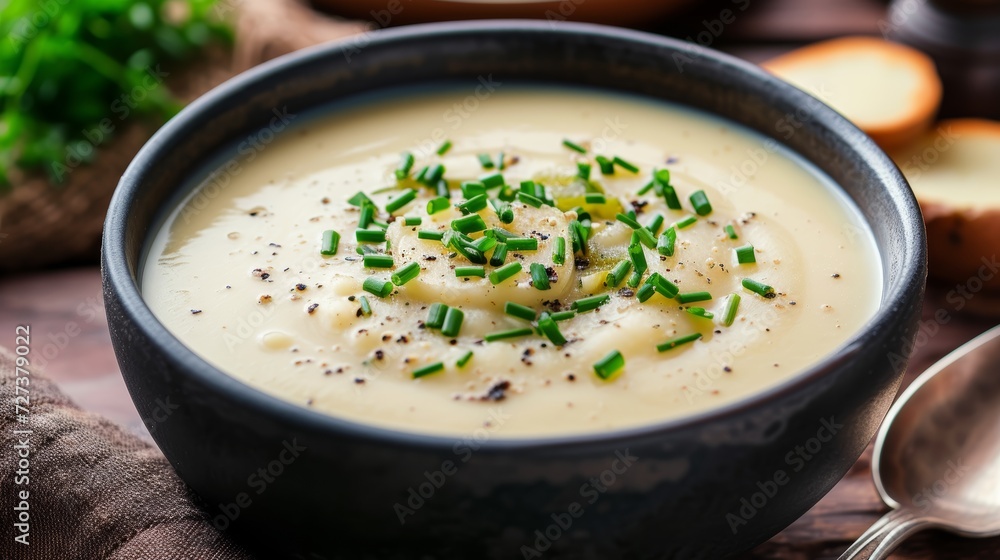A bowl of creamy potato leek soup, silky in texture and garnished with fresh chives.