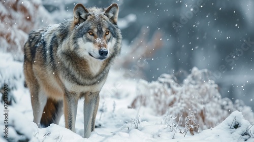 Majestic Wolf in Snowy Landscape  Wild Animal Amidst Winter Wonderland  Nature and Wildlife Photography
