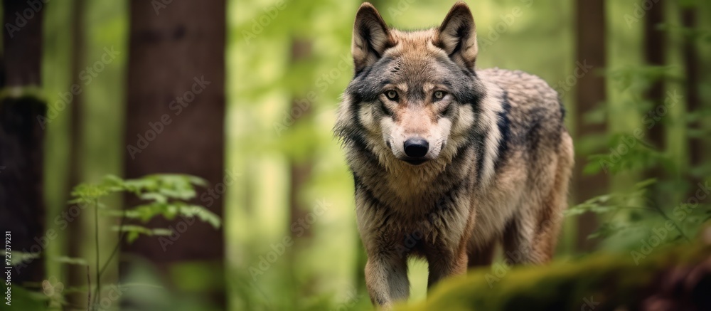 The wolf is walking in the middle of the forest
