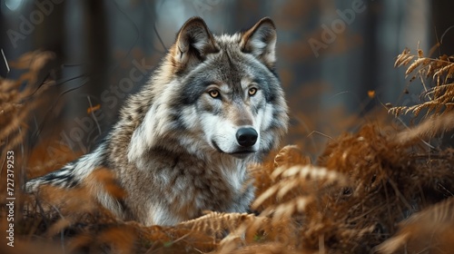 Majestic Gray Wolf Amidst Autumn Foliage in Forest photo