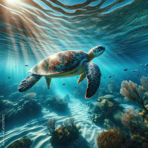 a sea turtle swimming in the water © Nisit