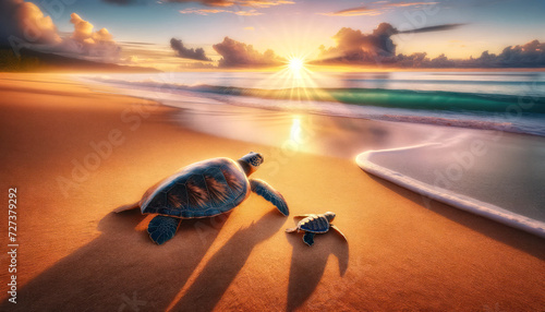 Mom turtle with baby on the beach sand photo