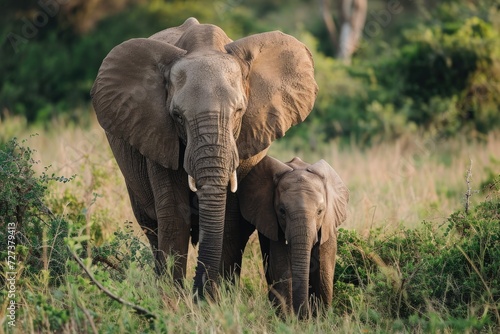 An adult elephant and a baby elephant walk through tall grass in their natural habitat  A gentle giant elephant with her baby in the African bush  AI Generated