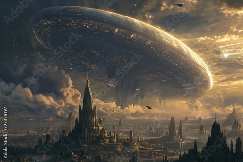 A futuristic cityscape features a massive flying object soaring through the sky, A giant spaceship hovering over a technologically advanced ancient civilization, AI Generated photo