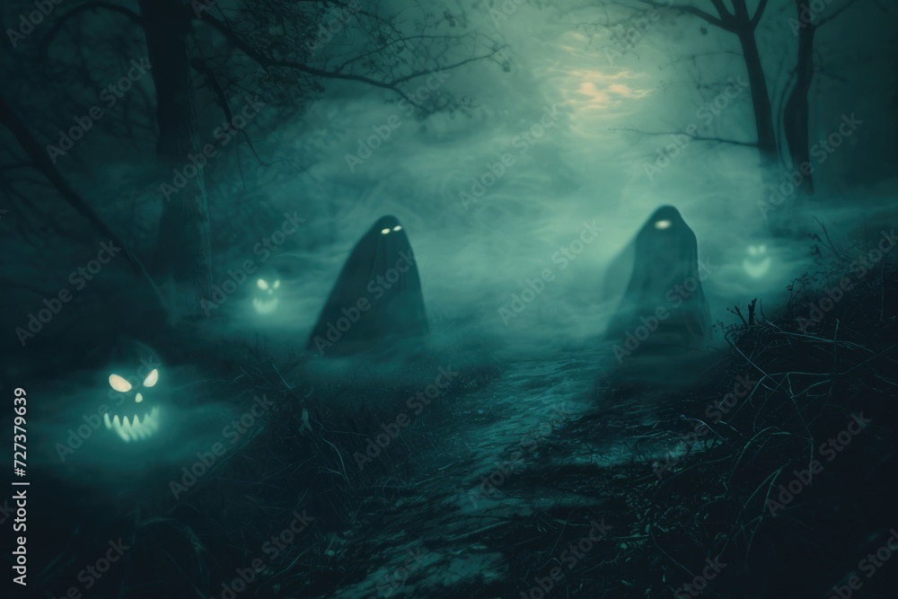 A haunting image of three ghostly pumpkins nestled amongst the trees in a wooded area, A gloomy Halloween night with ghostly specters floating around, AI Generated