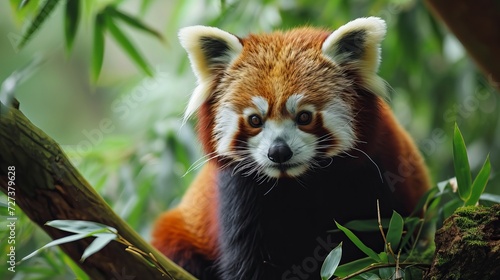 Close-Up of a Red Panda Amidst Green Foliage in Natural Habitat  Capturing the Essence of Wildlife