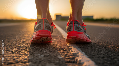 mans foot on starting line on a runway, AI Generative.