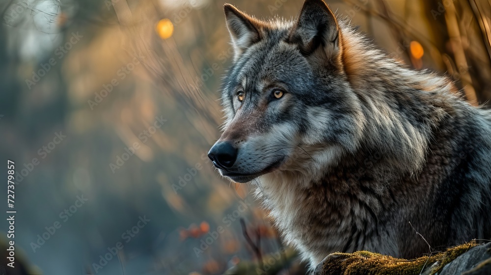 Close-Up of a Majestic Grey Wolf in Natural Habitat During Golden Hour