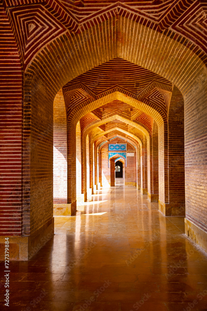 Beautiful arch entryway in Shah Jahan Mosque in Thatta, Pakistan. Also known as Jamia Masjid of Thatta. 