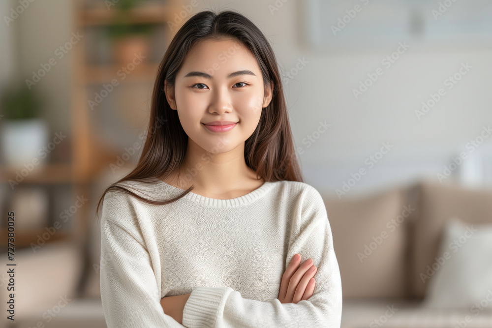Smiling young Asian woman with crossed arms, radiating confidence and contentment in a cozy living room. Smiling young Asian woman with crossed arms, radiating confidence and contentment in a cozy living room.