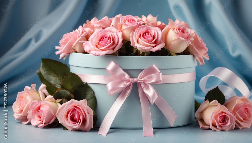 An exquisite arrangement of roses gracing a table, representing a beautiful bouquet as a romantic gift on a blue background An exquisite arrangement of roses gracing a table, representing a beautiful bouquet as a romantic gift on a blue background