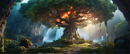 a mystical forest with towering ancient trees, glowing mushrooms, and a sparkling waterfall, rendered in stunning 3D realism, transporting you to a fantasy world filled with magic and wonder  © HumblePride