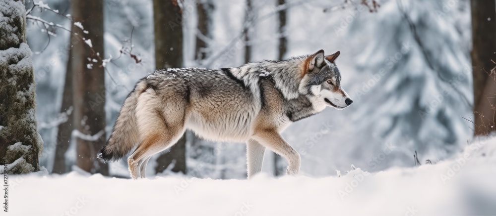 Fototapeta premium wolf walking in the snow with trees behind him
