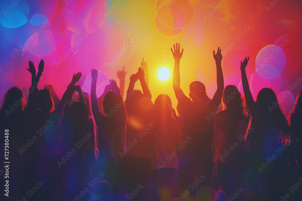 Group of people standing and raising hands in Silhouettes style, Silhouettes of people dancing, A concept photograph of party and festivity in silhouette form on abstract colorful Bokeh background Group of people standing and raising hands in Silhouettes style, Silhouettes of people dancing, A concept photograph of party and festivity in silhouette form on abstract colorful Bokeh background