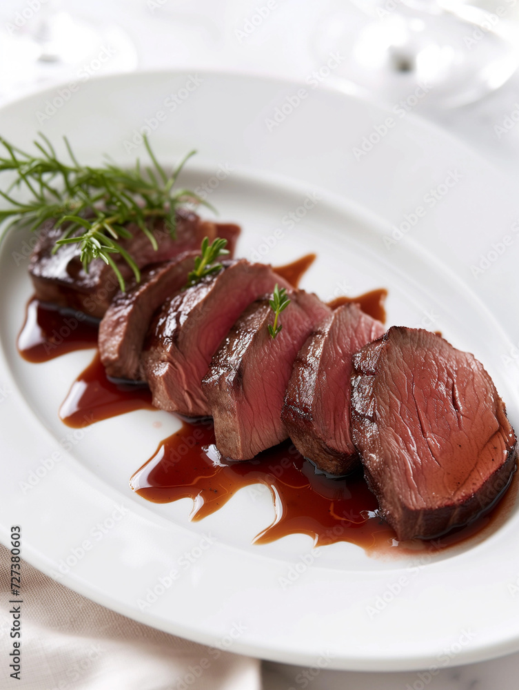Premium steak, cut into equal pieces, ceramic dishes. Unusual background. Premium steak, cut into equal pieces, ceramic dishes. Unusual background.