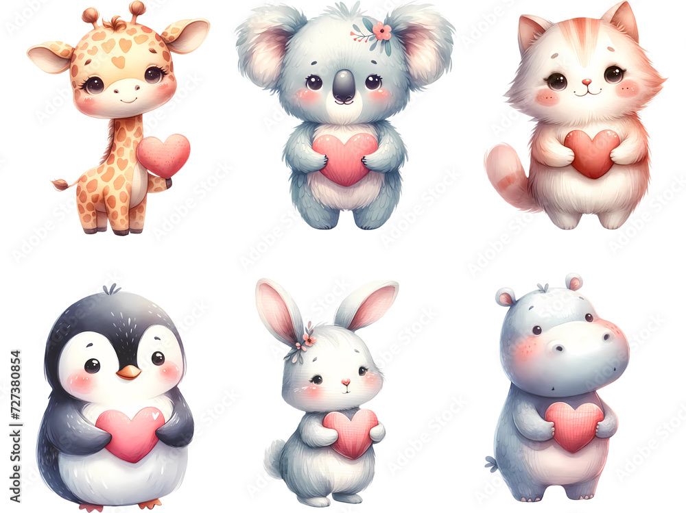 Fototapeta premium Animal holding heart clipart for love in Valentine Day 