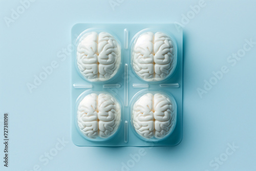Pill blister with human brains. Medicines for brain health, mental health concept.Improving brain function, memory, concentration. DMAE, vitamins, nootropic treatment, smart drugs, cognitive enhancers