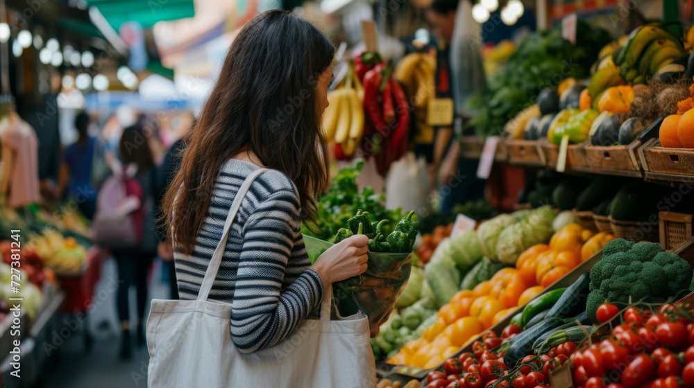 A health-conscious woman browses a vibrant selection of fruits and vegetables at a market, with eco-friendly cotton bag ready for a sustainable shop