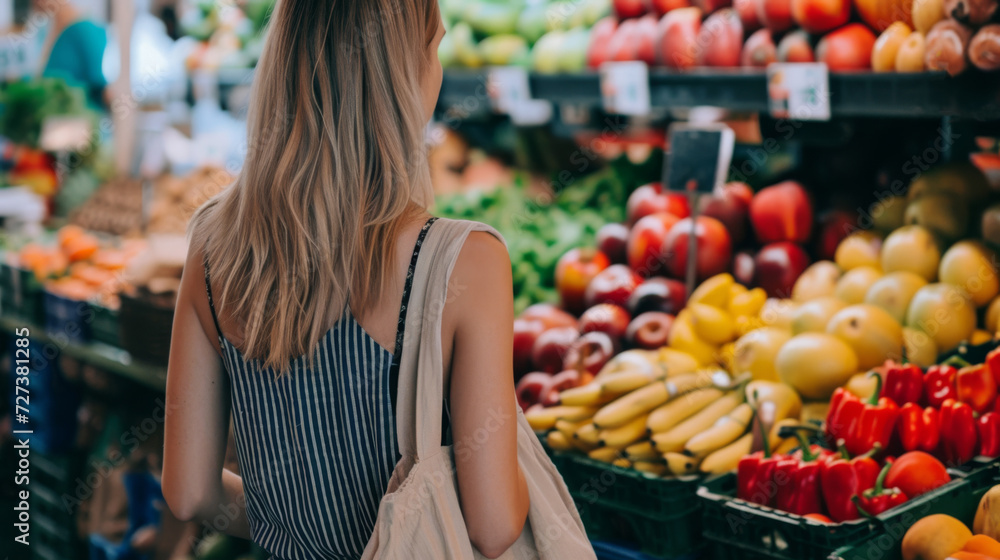 A health-conscious woman browses a vibrant selection of fruits and vegetables at a market, with eco-friendly cotton bag ready for a sustainable shop A health-conscious woman browses a vibrant selection of fruits and vegetables at a market, with eco-friendly cotton bag ready for a sustainable shop