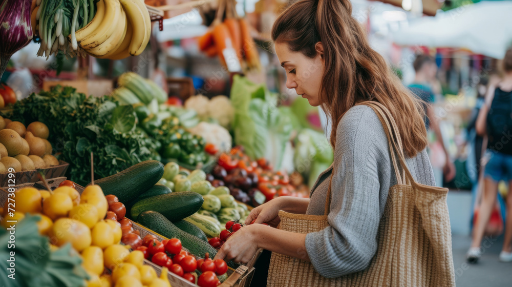 A woman thoughtfully selects fresh produce at a local farmers' market, her reusable cotton eco bags filled with an assortment of vibrant fruits and vegetables. A sustainable and zero-waste lifestyle A woman thoughtfully selects fresh produce at a local farmers' market, her reusable cotton eco bags filled with an assortment of vibrant fruits and vegetables. A sustainable and zero-waste lifestyle