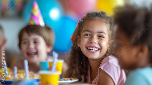 A joyful scene of children playing games and laughing together at a birthday celebration.