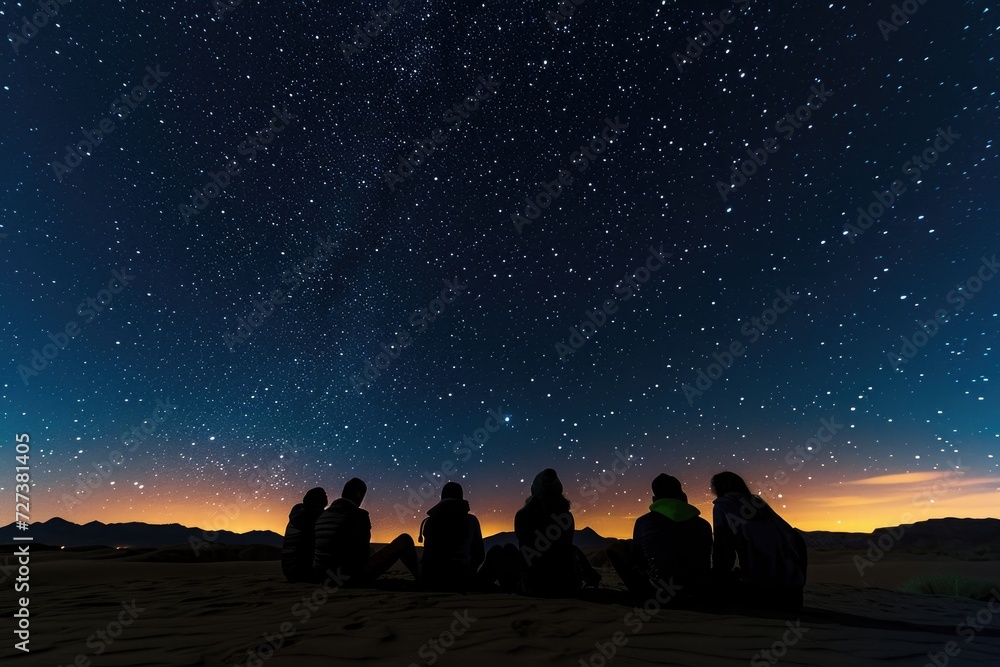 A group of individuals sitting together on a sandy beach, enjoying the night sky, A group of friends star gazing in the desert, AI Generated
