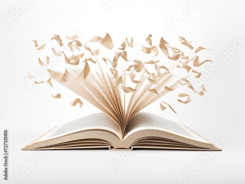 Open Book with Flying Pages Imagination Unleashed Isolated on White Background AI Generated