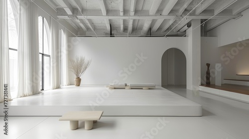 A minimalist fashion studio with a monochromatic color palette  embodying refined simplicity