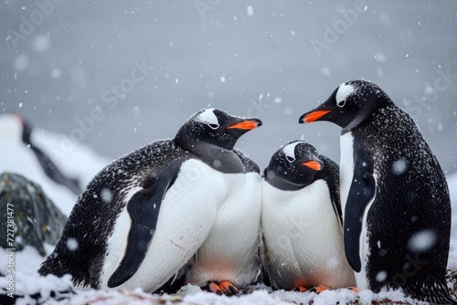A group of penguins standing next to each other in the snow, showcasing their unique black and white plumage, A group of penguins huddled together in icy Antarctic weather, AI Generated